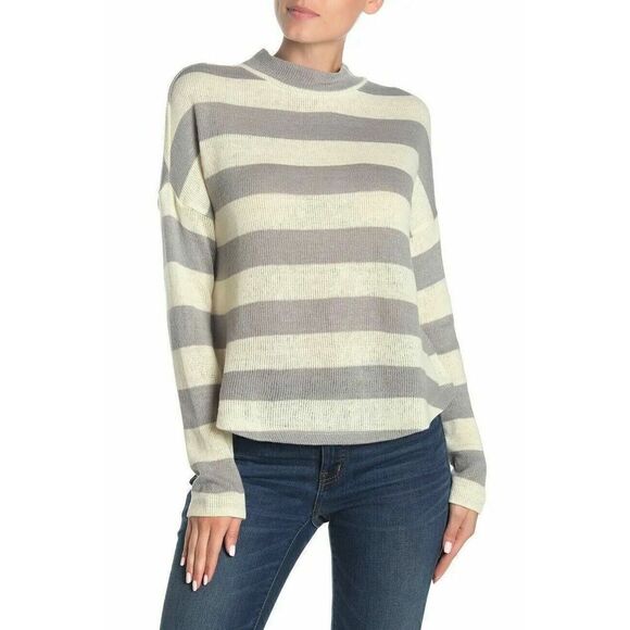 H-129 Socialite Striped Mock Neck Dolman Sleeve Sweater GREY sz S - Picture 1 of 1
